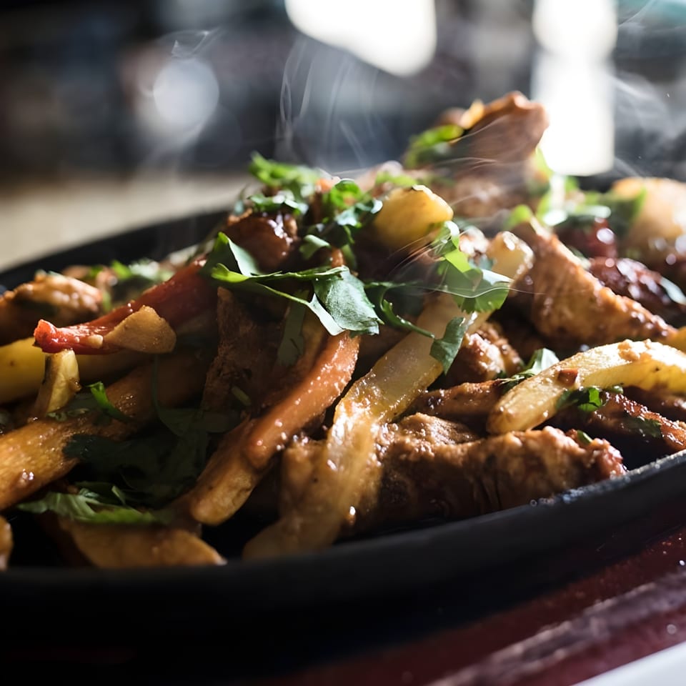 Steaming hot fajitas with meat, peppers, and onions, garnished with fresh cilantro.