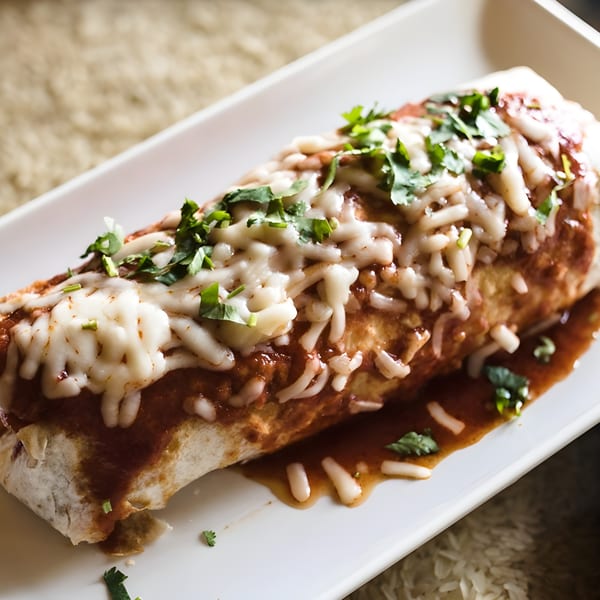 A Refried Beans burrito, smothered in red sauce, melted cheese, and fresh cilantro on a white plate.