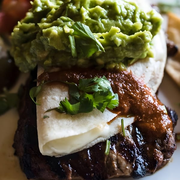 Grilled steak topped with a tortilla, red sauce, guacamole, and cilantro.